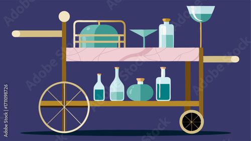 A polished marble bar cart with intricate brass detailing showcasing crystal glasses and decanters.
