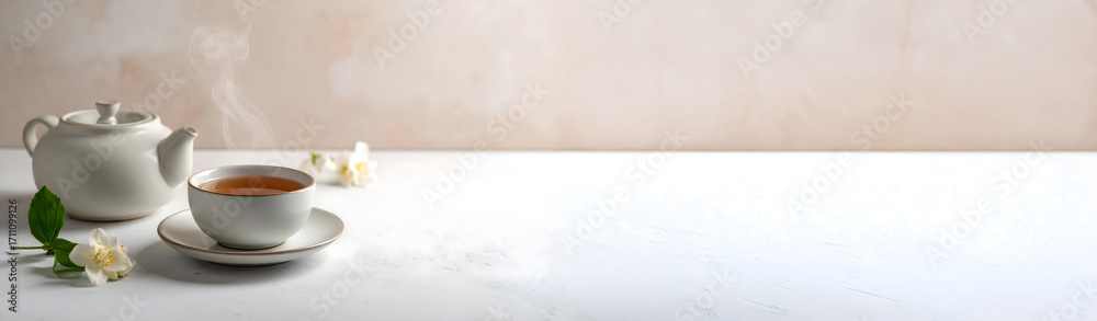 Fototapeta premium Peaceful Tea Ritual with cup, steam, soft lighting