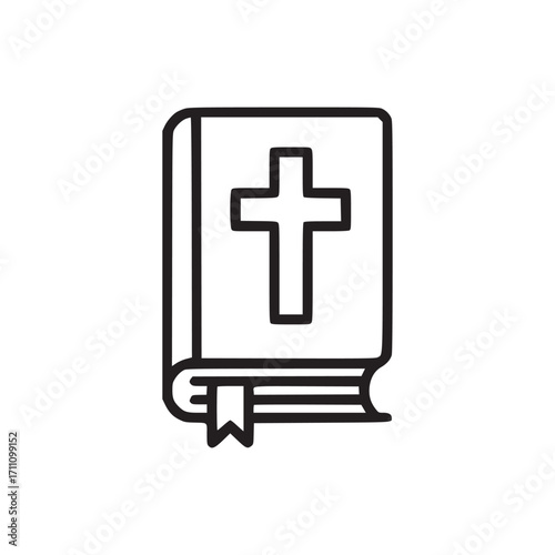 Illustration of a bible the bible is depicted with a cross on the cover and a bookmark, rendered in a simple black outline, suitable for religious, educational, or symbolic contexts