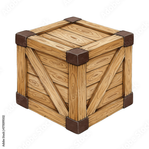 Closed wooden crate, watercolor, isolated on transparent background