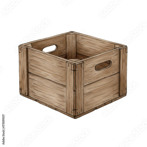 Wooden crate, isolated on transparent background, watercolor hand-painted rustic container