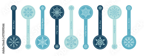 Set of winter snowflake sticker labels in round blue and navy outline icons. Ornamental holiday package seal for xmas box and gift, each circle label adds seasonal snow flake charm.
