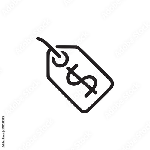 Vector art of minimalist line art illustration of a price tag with a dollar sign, represents cost, value, sale, or retail pricing in a simple and clean design
