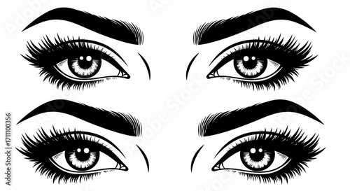 Four stylized eyes with thick lashes and eyebrows in a symmetrical arrangement graphic design