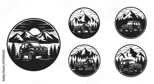Collection of off road vehicle emblems featuring mountain and forest landscapes in a circular frame