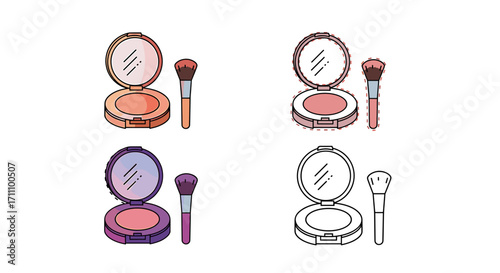 Variations of blush compacts with brushes showcasing different design styles and palettes