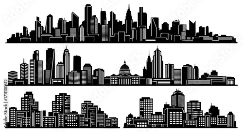 Three rows of cityscape silhouettes featuring various building shapes and sizes in vector format