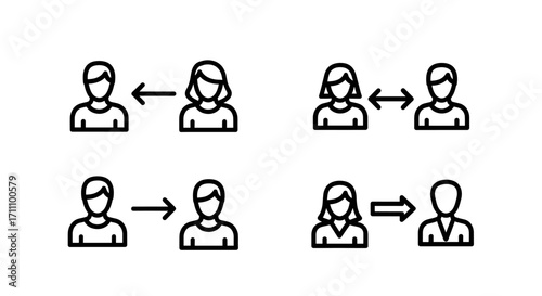 Illustrations showing people interacting with arrows pointing between them in different directions