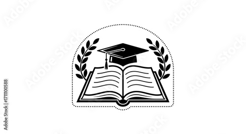 Vector graphic of graduation cap resting atop an open book surrounded by laurel branches and dotted line