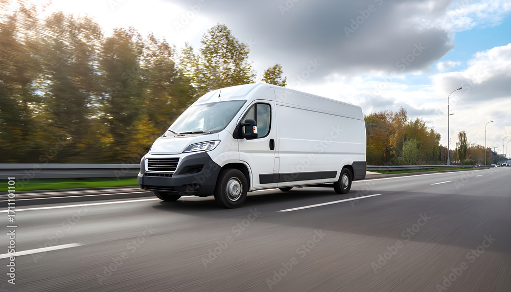 Obraz premium White delivery van on highway road.