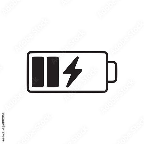 Illustration of a battery with a lightning bolt symbol, indicating power or energy, the battery is partially charged, suggesting a moderate level of power remaining