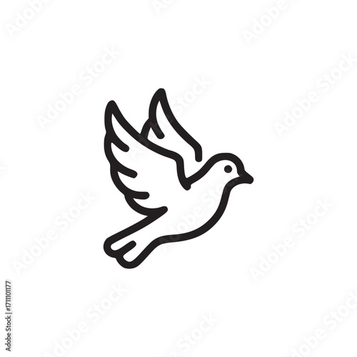 Vector art of minimalist line drawing of a dove in flight, symbolizing peace, freedom, and hope, the birds wings are outstretched, conveying a sense of movement and grace