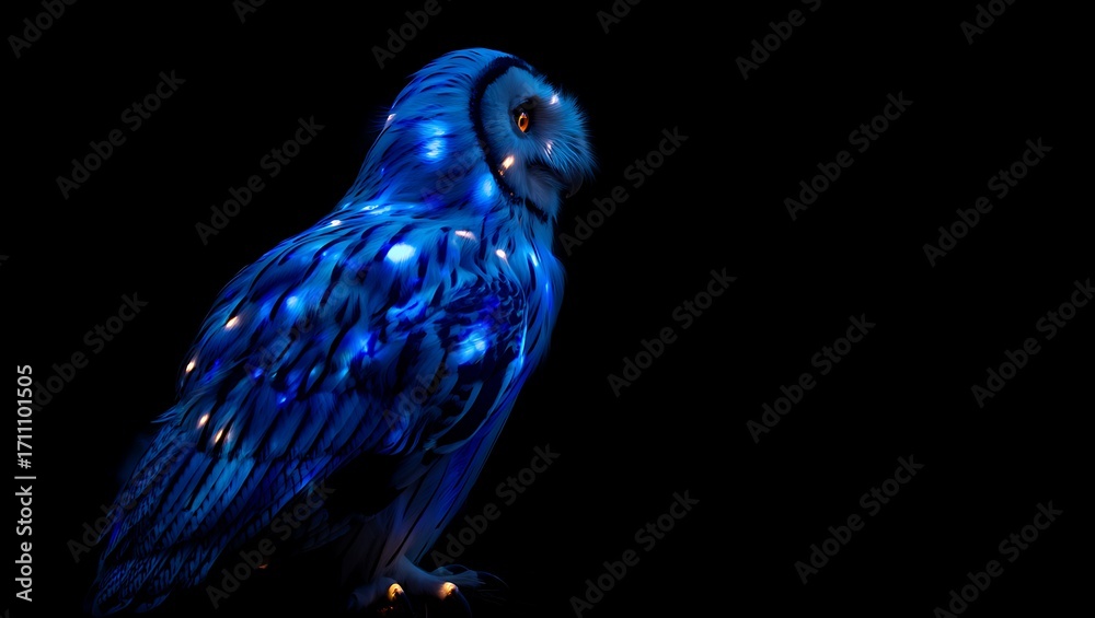 Fototapeta premium Majestic blue owl glowing in the dark night