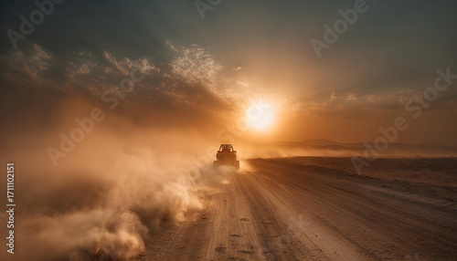 Wallpaper Mural Buggy and motorbike ride across sandy road at sunset with dust clouds symbolizing endurance speed freedom adventure exploration resilience and the raw challenge of motorsport in vast wilderness Torontodigital.ca