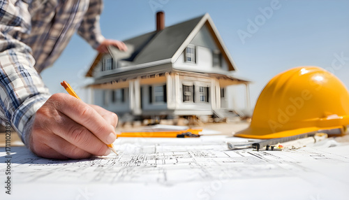 Wallpaper Mural building house on blueprints with worker - construction project Torontodigital.ca