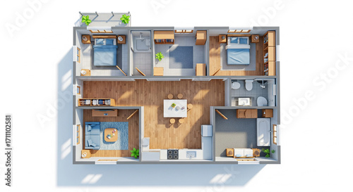 Top View Detailed Apartment Floor Plan with Furniture and Rooms Layout on Isolated transparent background