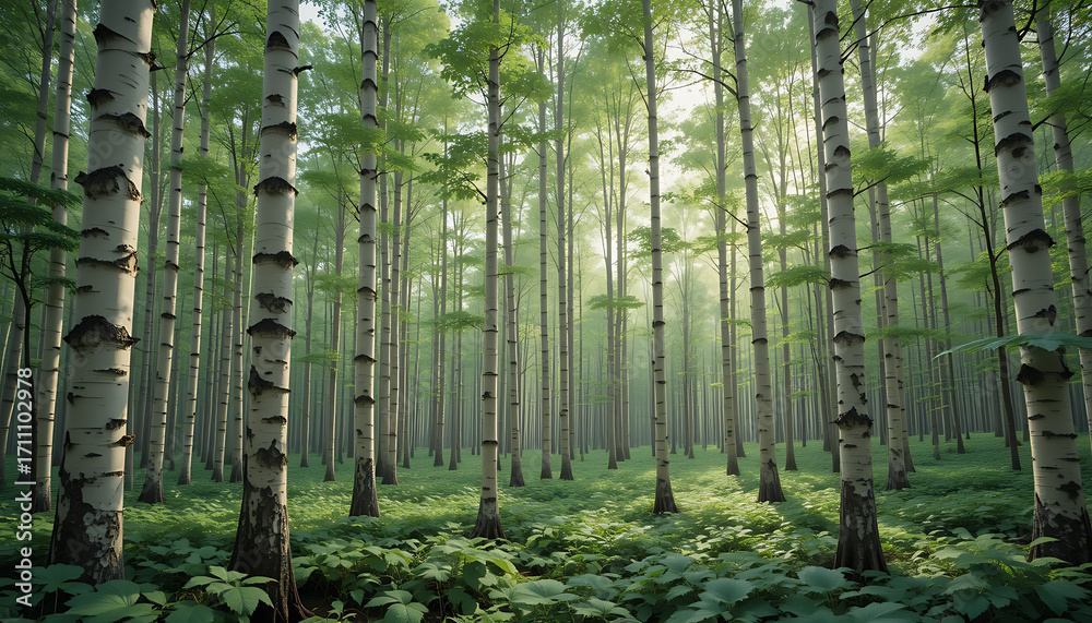 Fototapeta premium Sunlit Birch Forest with Lush Green Undergrowth.