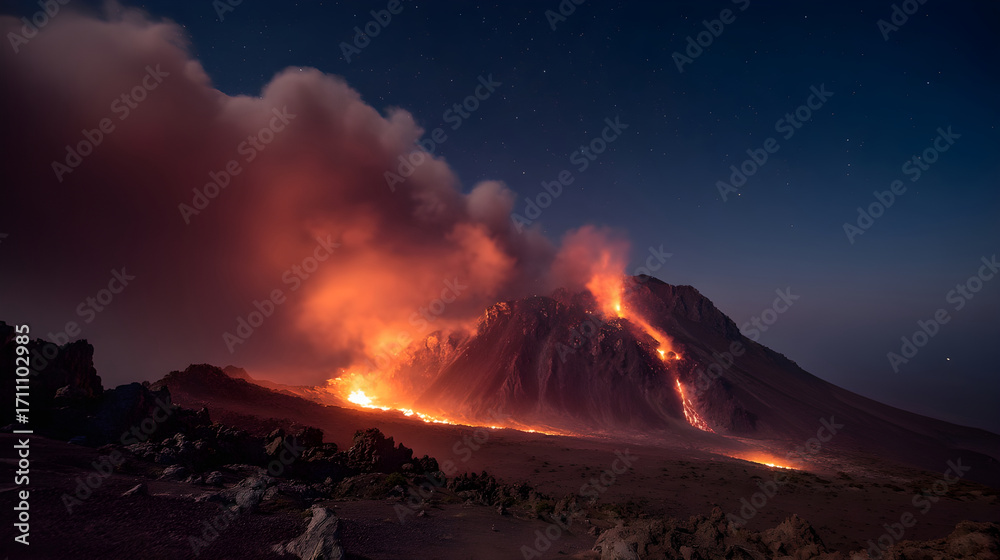 Fototapeta premium Erupting volcano at night with glowing lava and dramatic smoke clouds in the sky
