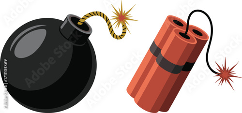 Cartoon Bomb and Dynamite Set, Exploding Bomb Icon, Danger Warning Symbol, Black Bomb with Fuse, Red Dynamite Stick, Hazardous Explosive, Risk Alert