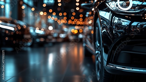 A car showroom with a row of shiny, new cars on display. Dealership, car sales. The image captures the hustle and glow of urban life.