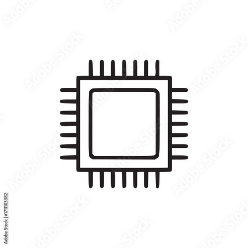 Vector art of simple line drawing of a computer chip, the chip is square with numerous pins extending from all sides, representing its function as a central processing unit in electronic devices