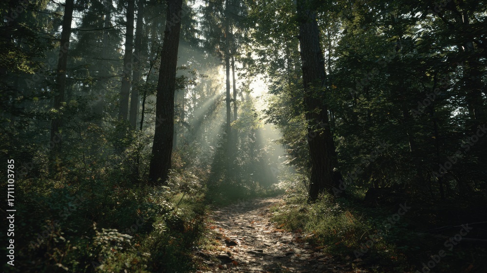 Obraz premium Sunbeams piercing a misty forest path