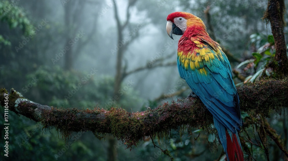 Obraz premium Colorful parrot in a misty rainforest