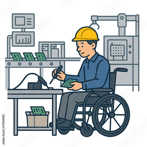 Wheelchair-bound employee at an electronics manufacturing and assembly factory