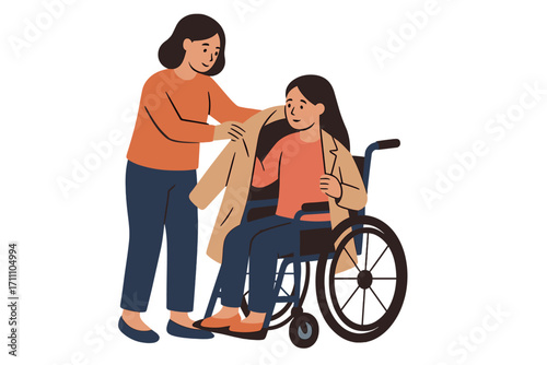 A mother assists her disabled daughter in a wheelchair as she puts on a coat