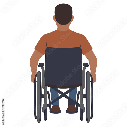 A high-quality back view of a man in a wheelchair with a physical disability and mobility disorder