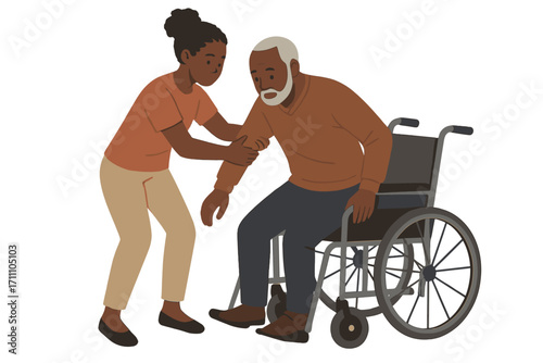 An African girl assists a disabled elderly man in getting into a wheelchair, caring for him at home