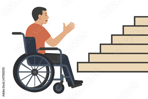 A wheelchair-bound man halted before a staircase to highlight architectural barriers and accessibility problems
