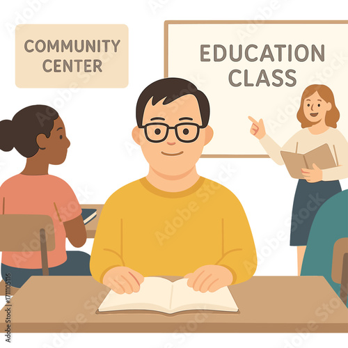 A man with Down syndrome is attending an educational class at a community center, demonstrating inclusivity for people with disabilities