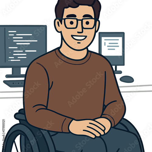 A vertical portrait of a highly skilled programmer with a disability, smiling at the camera in a modern office