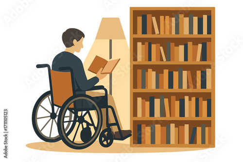 A wheelchair user discovers serenity and solitude in a quiet library corner, absorbed in a book beneath gentle light, experiencing a moment of calm and learning