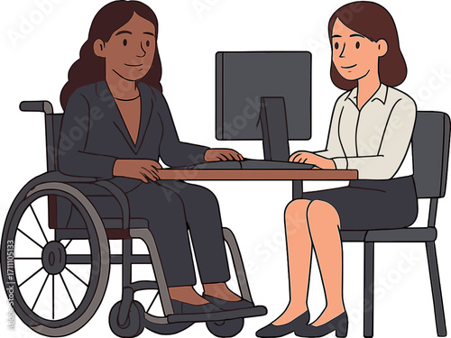A Latin transgender businesswoman in a wheelchair and an office woman working on a computer, both embodying the concept of disability and disabled people