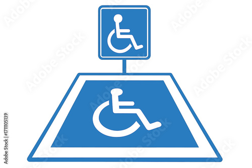 A disabled parking spot marked by a white and blue sign indicating handicapped parking, with a wheelchair or accessibility access symbol