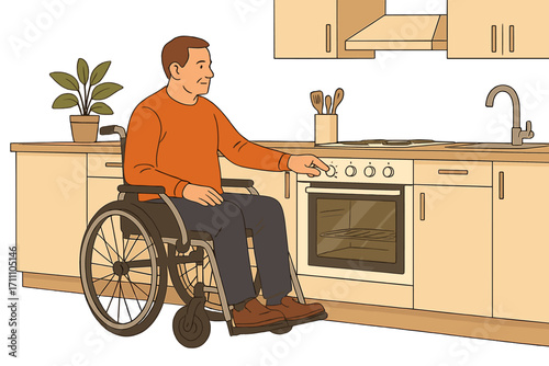 A middle‑aged disabled man sits beside an electric oven in a spacious, cozy kitchen at home