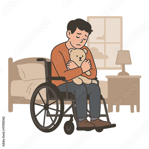A young disabled man in a wheelchair hugs a doll in his lonely bedroom, illustrating how depression can affect people with disabilities who are alone at home, a theme highlighted on World Mental