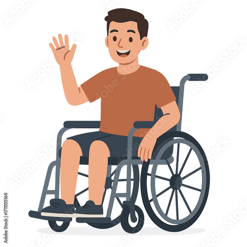 A young man in a wheelchair waves his hand and smiles in casual clothing, depicted as a friendly, inclusive vector illustration celebrating disability
