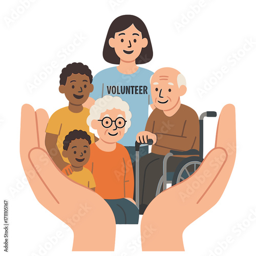 The concept encompasses diverse families, happy carers and volunteers, nursing homes for the disabled, rehabilitation, and health insurance