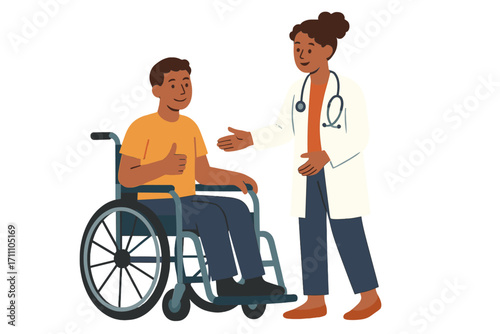 A disabled person in a wheelchair receives care, accessibility, medical treatment, health support, confidence, rehabilitation, communication, diversity, inclusion, togetherness, and human help and