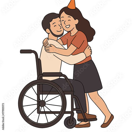 A full-length shot shows a wheelchair-bound man embracing a joyful young woman with a disability during a home birthday celebration