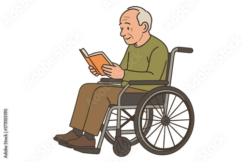Elderly gentleman in a wheelchair reading a book against a light backdrop
