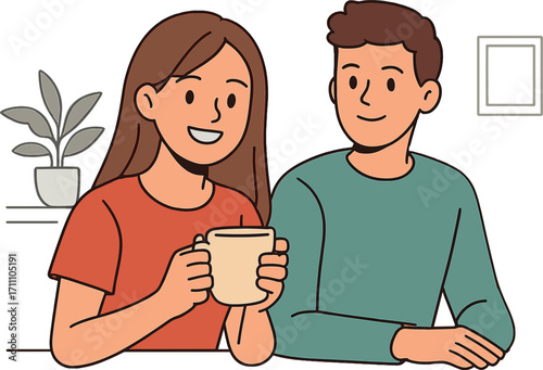 A smiling teenage girl holding a cup and looking at the camera near her boyfriend at home, with a banner