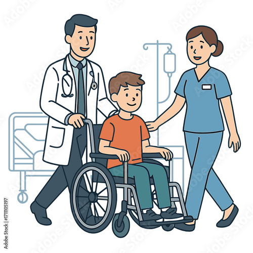 A doctor and a nurse push a boy patient in a wheelchair through the hospital ward