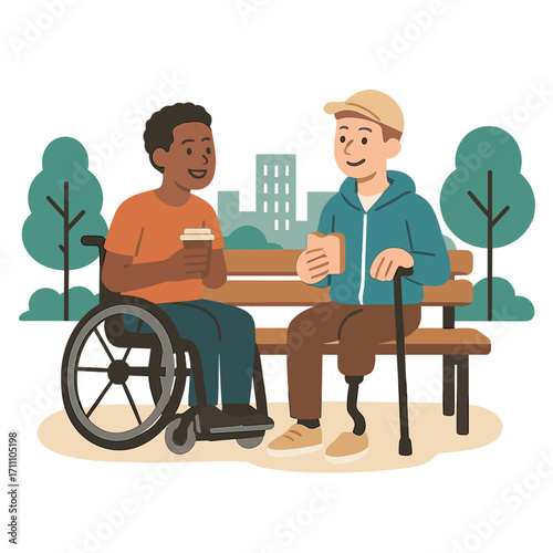 Two friends with disabilities taking a break in a city park