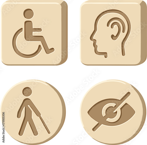 D rendering of disability icons etched onto plastic cubes and circles