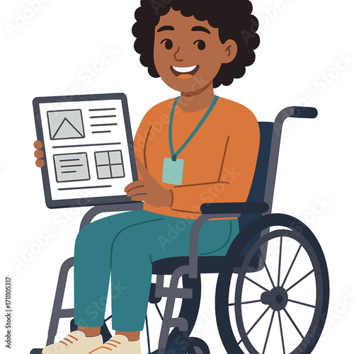 Joyful portrait of a woman with a disability using a tablet for communication and graphic design, smiling creatively as a website designer in a wheelchair, equipped with technology for web and