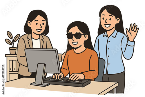 Content Asian female colleagues in the office, including a blind employee who uses a computer with a refreshable Braille display, exemplify workplace disability inclusion concepts
